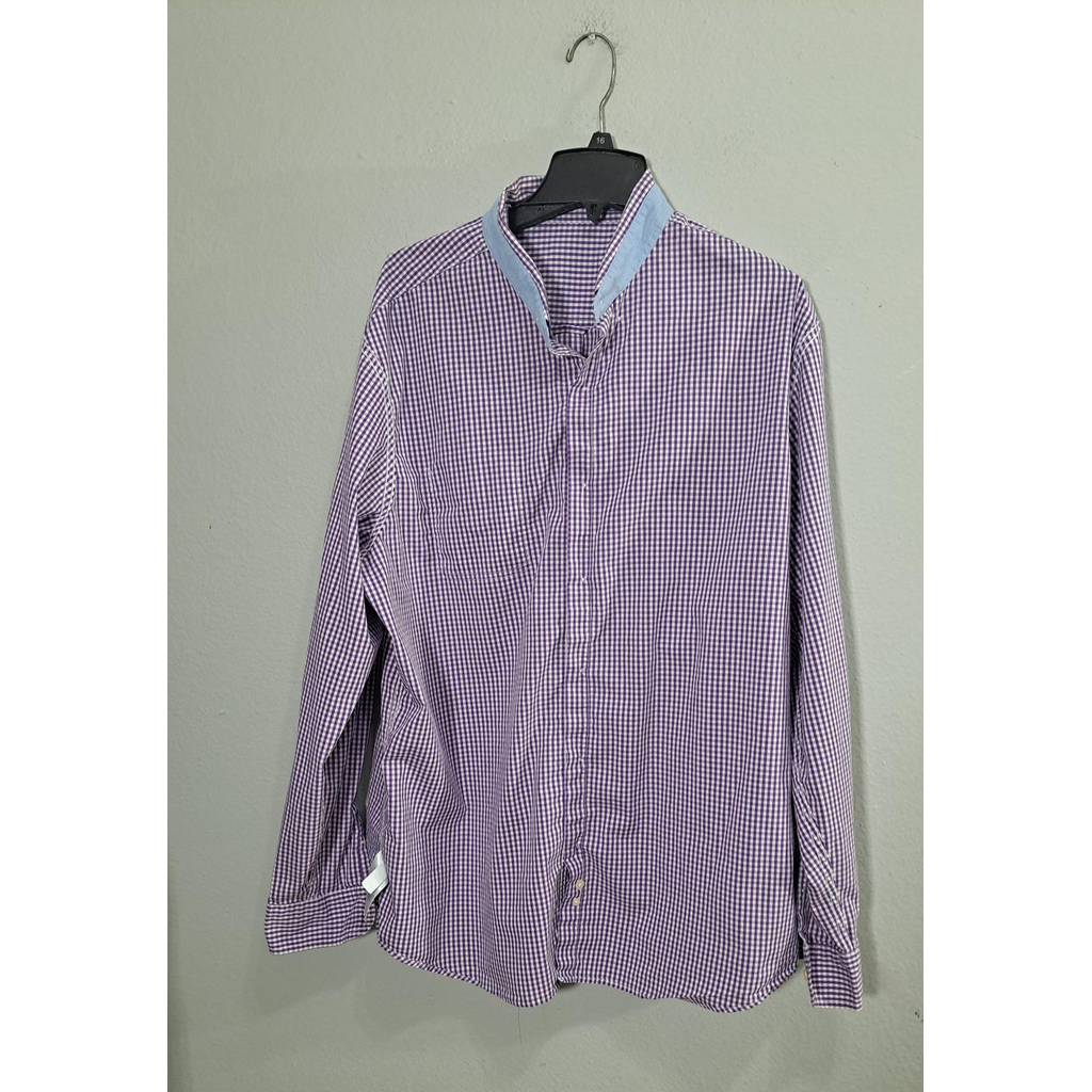 Chaps Men's XXL Tall Purple White Gingham Check Stretch Easy Care Button Down Shirt