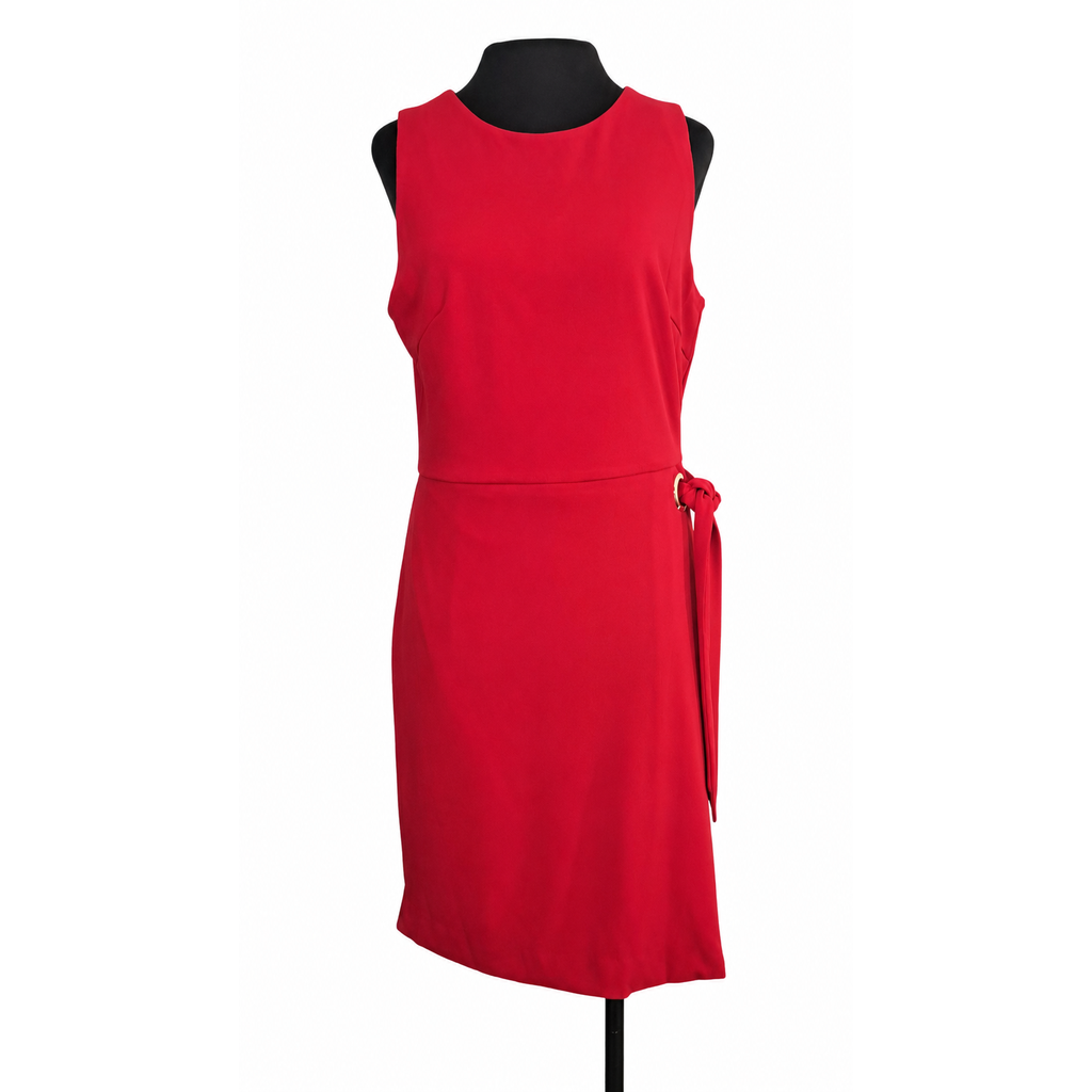 Tahari ASL Scarlet Red Sheath Dress Size 10 Gold Ring Side Tie NWT