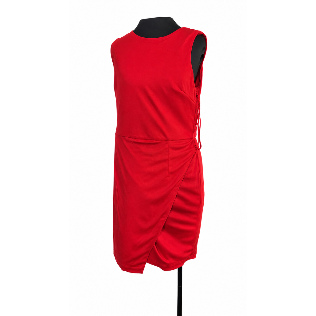 Tahari ASL Scarlet Red Sheath Dress Size 10 Gold Ring Side Tie NWT