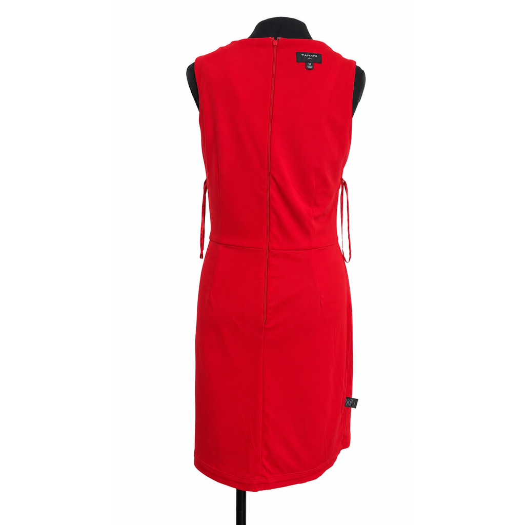 Tahari ASL Scarlet Red Sheath Dress Size 10 Gold Ring Side Tie NWT