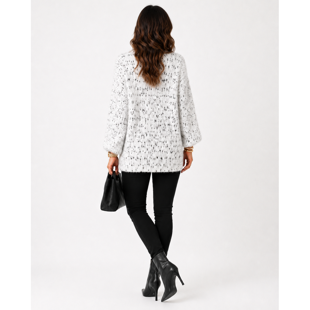 Calligraphie Soft Mock Turtleneck Sweater White Black Speckled Eyelash Knit 3/4 Sleeve, Size L.