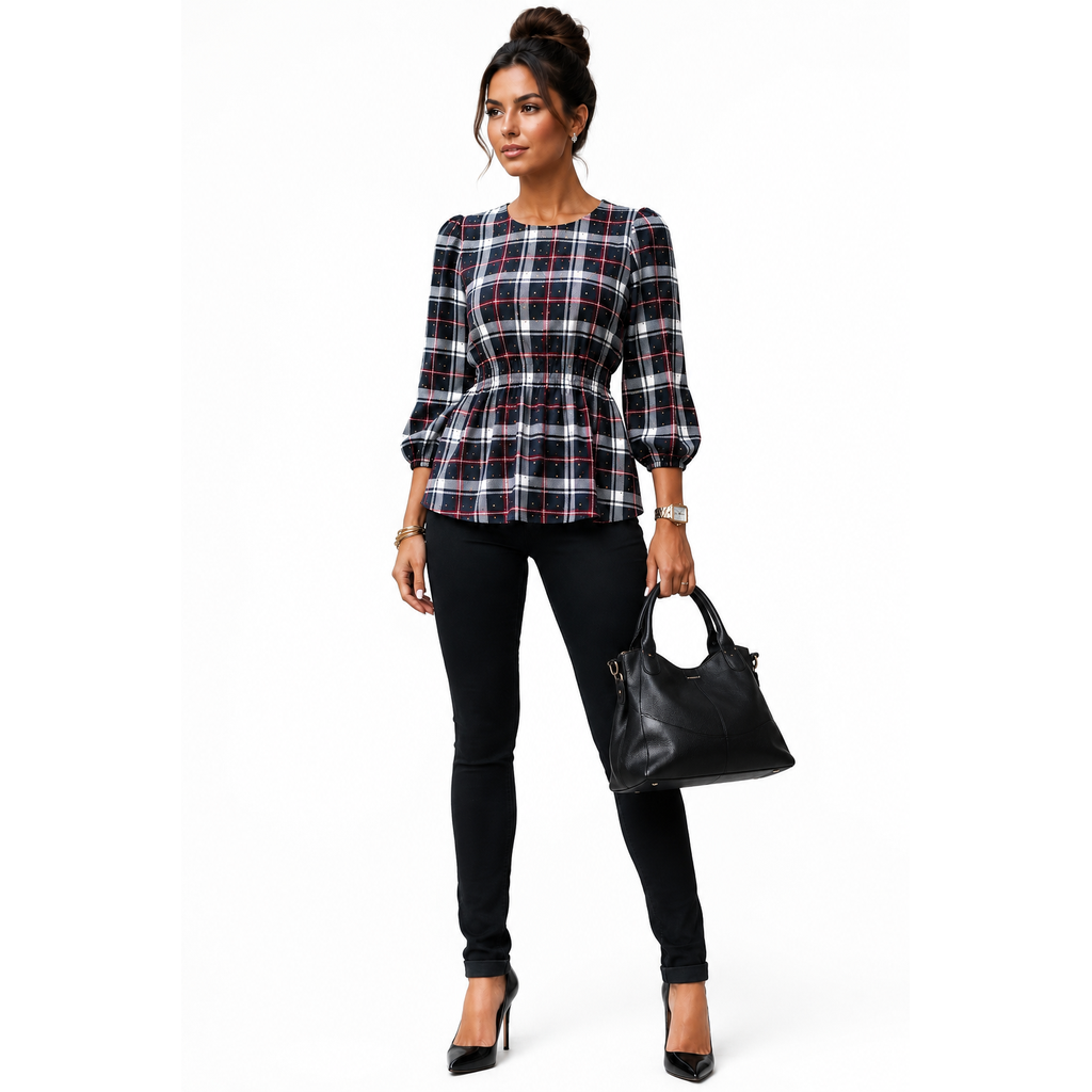 Alex & Parker Plaid Smocked Peplum Blouse Women's Small Navy Red White Long Sleeve NWT