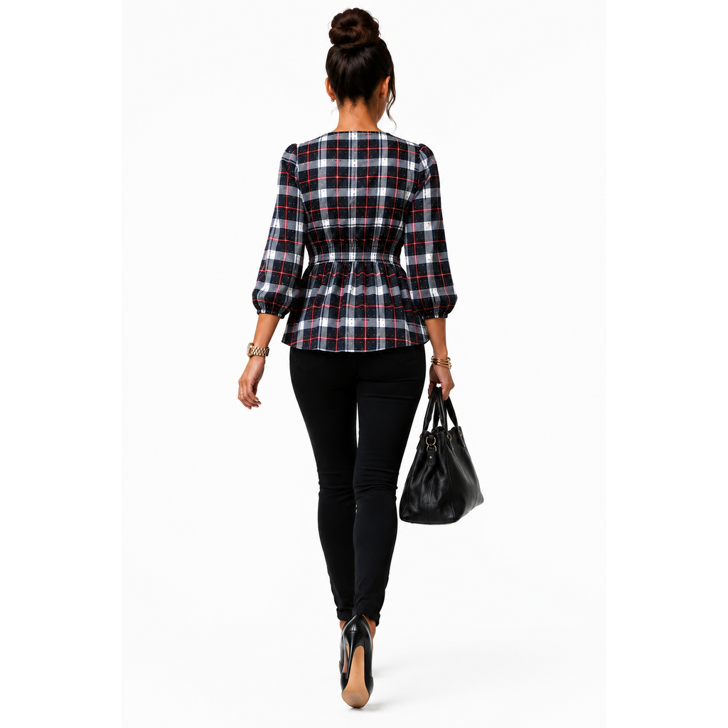 Alex & Parker Plaid Smocked Peplum Blouse Women's Small Navy Red White Long Sleeve NWT