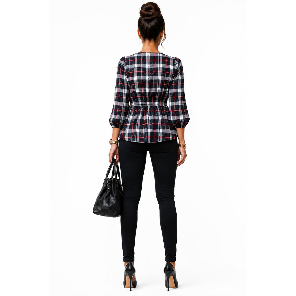 Alex & Parker Plaid Smocked Peplum Blouse Women's Small Navy Red White Long Sleeve NWT