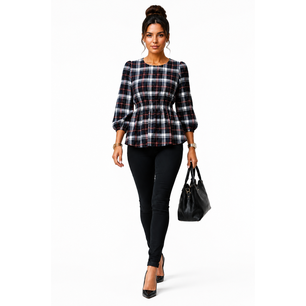 Alex & Parker Plaid Smocked Peplum Blouse Women's Small Navy Red White Long Sleeve NWT